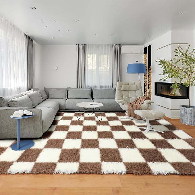 KICMOR Rugs for Living Room 8x10, Large Fluffy Fuzzy Brown and Cream White - Image 6