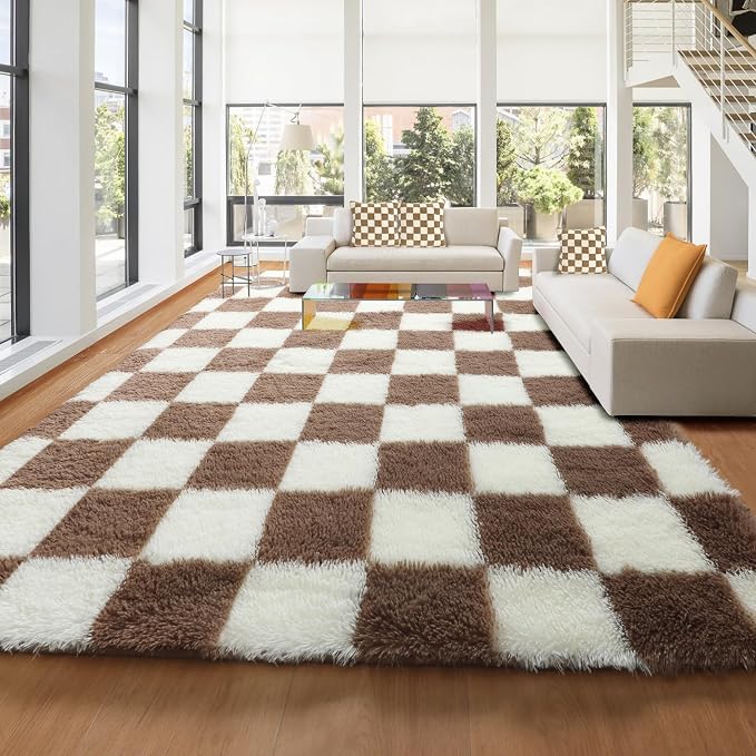 KICMOR Rugs for Living Room 8x10, Large Fluffy Fuzzy Brown and Cream White by KICMOR