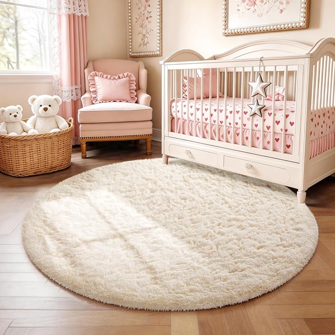Ophanie Round Rug 4Ft Ivory Circle Area Rugs, Fluffy Fuzzy Small Bedroom Carpet by Ophanie