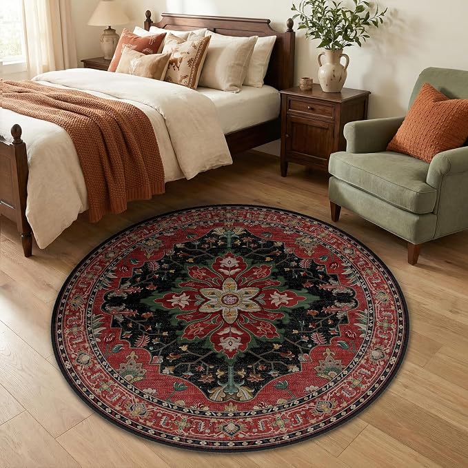 RELEANY Area Rugs Round 4ft Washable Non-Slip, Floral Vintage Distress by RELEANY