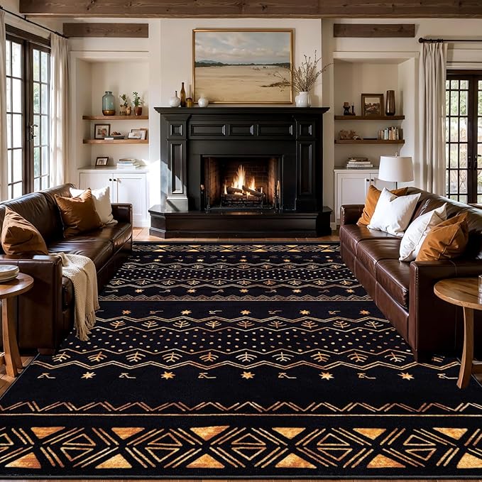 SERISSA 9x12 Area Rugs for Living Room, Washable Non-Slip Black and Gold Boho by SERISSAHomeDecorCollection