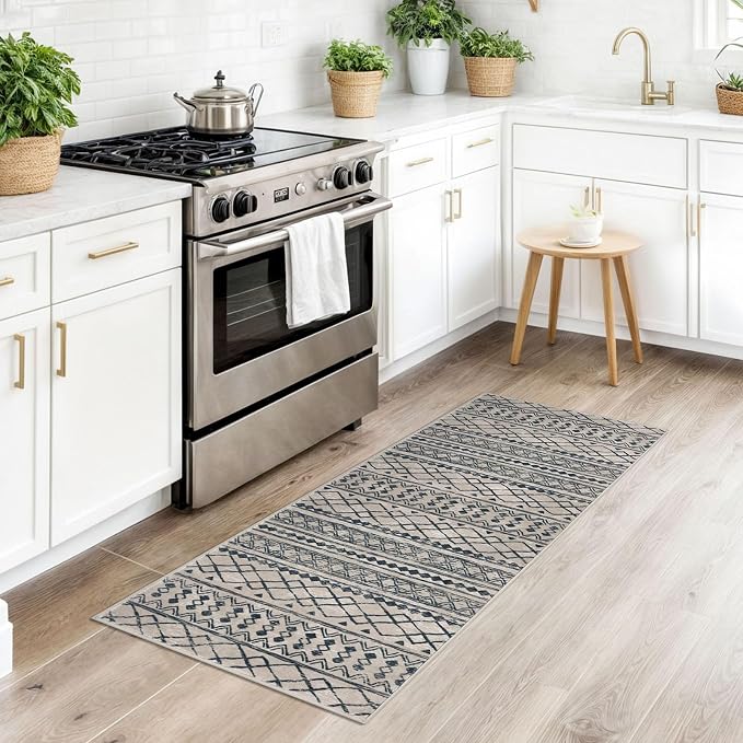 KUTA Boho Kitchen Rug 2x5 Light Brown Black Moroccan Washable Runner Rug - Image 2