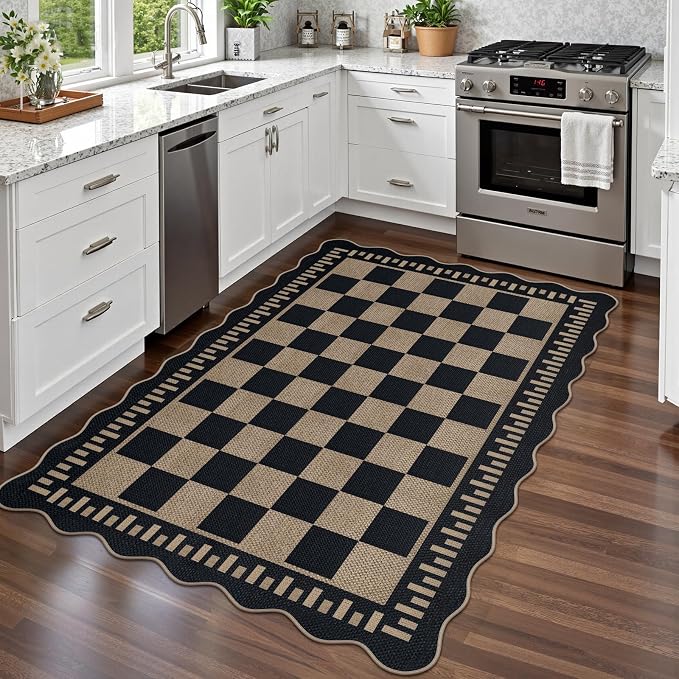 Checkered Easy Jute 4x6 Outdoor Patio Rug, Washable Indoor Outdoor Black - Image 8