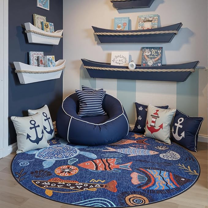 jinchan 4ft Coastal Round Rug Kids Washable Fun Rug Colorful Ocean Fish Small - Image 9