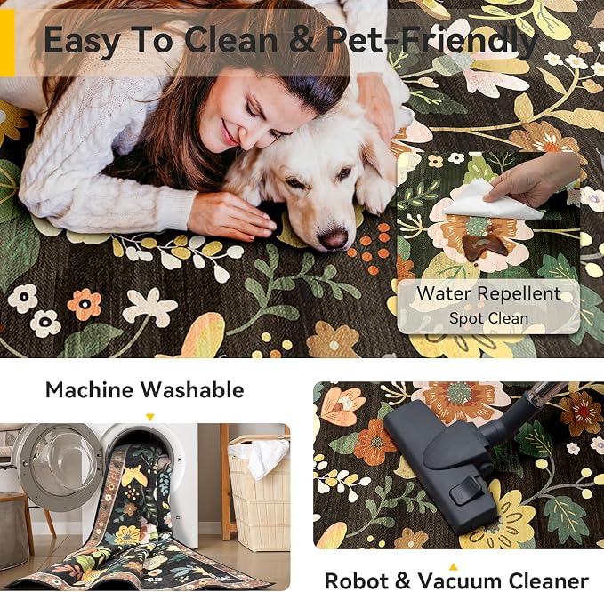 RELEANY Floral 9x12 Area Rugs Washable Print Boho Cute Carpet Non Slip Flower - Image 4