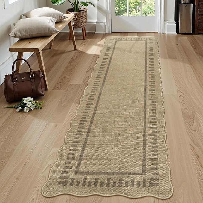 LIVEBOX Scalloped Washable 2x8 Runner Rug, Easy Jute Outdoor Rug Kitchen Tan by LIVEBOX