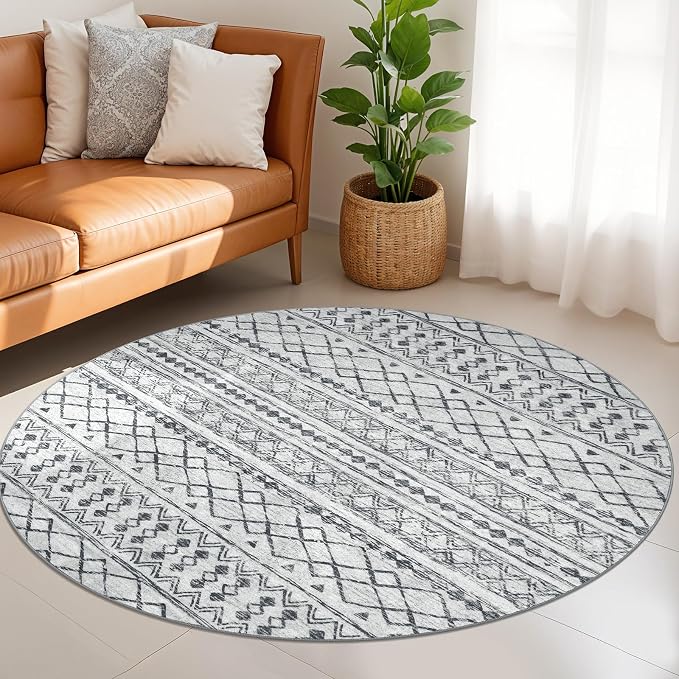 KUTA Boho Round Washable Rugs 5Ft Grey Moroccan Circle Area Rug Non-Slip Soft - Image 3