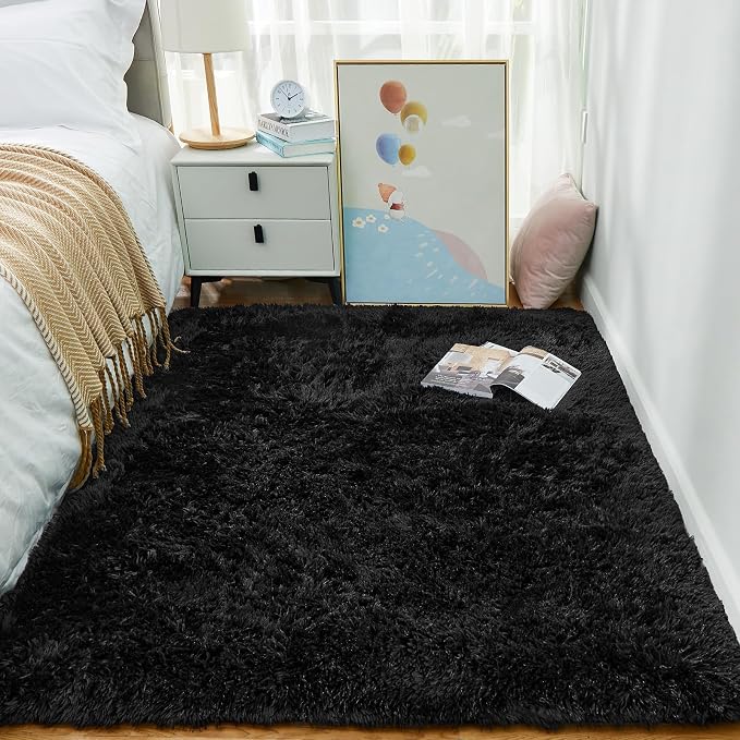 Ophanie Black Area Rugs for Bedroom Living Room, 4x6 Fluffy Fuzzy Shag Shaggy - Image 3