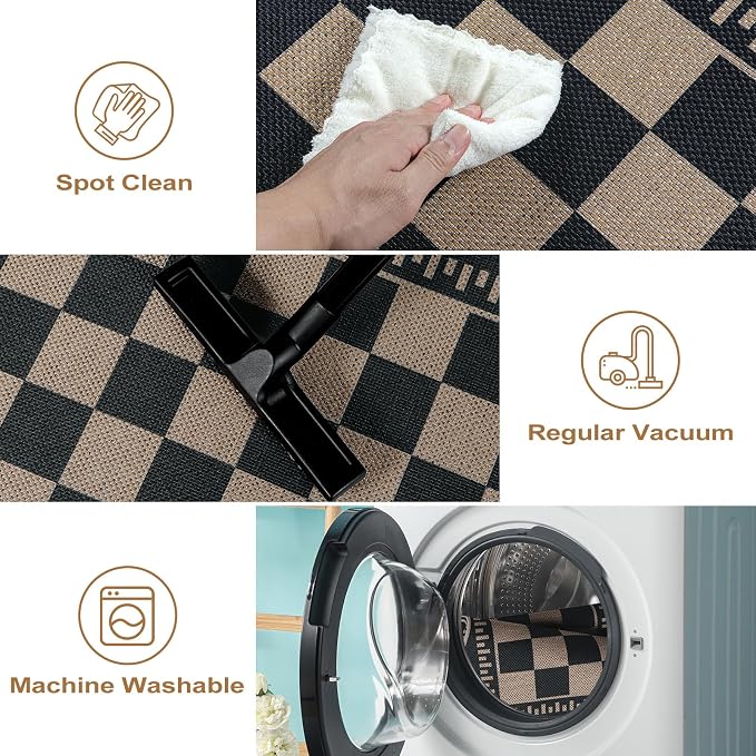 Checkered Easy Jute 4x6 Outdoor Patio Rug, Washable Indoor Outdoor Black - Image 5