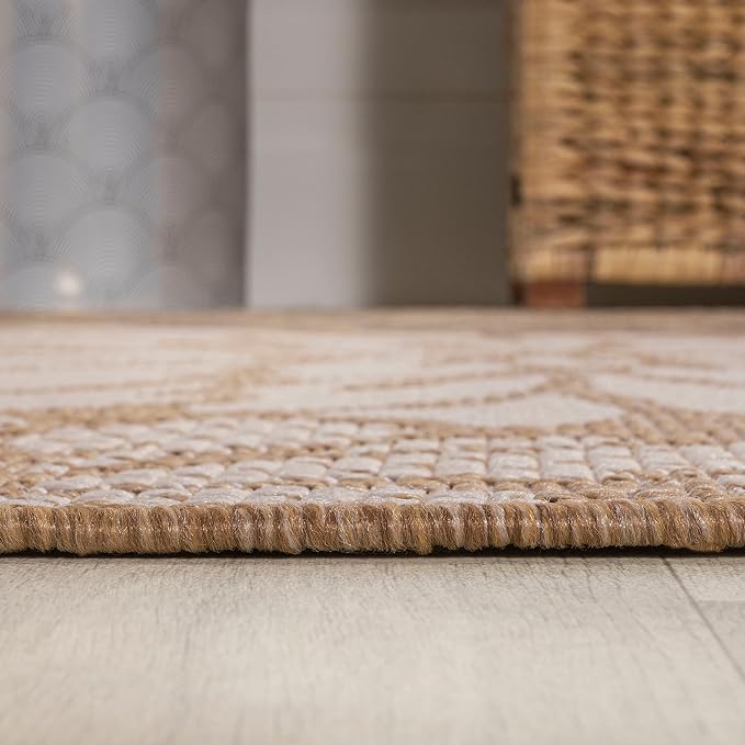JONATHAN Y Floral Textured Weave Indoor Outdoor Round Area Rug 3 Ft Brown/Cream - Image 5