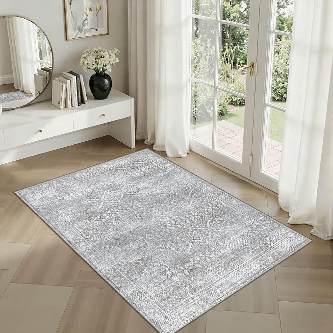 Latte&Fog 2x3 Entryway Rug, Small Vintage Grey Door Mat, Washable Kitchen Rug - Image 2