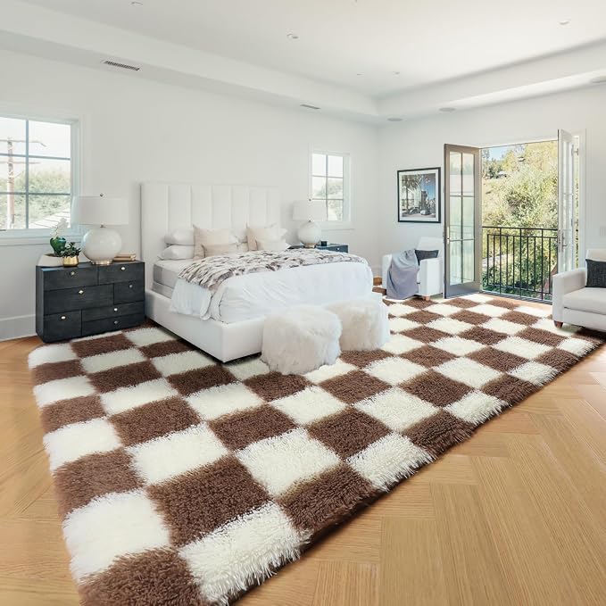 KICMOR Rugs for Living Room 8x10, Large Fluffy Fuzzy Brown and Cream White - Image 3