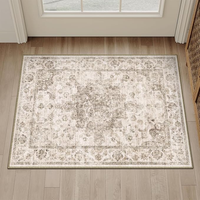 2x3 Washable Neutral Area Rug Brown Vintage Entryway Kitchen Carpet Non-Slip - Image 3