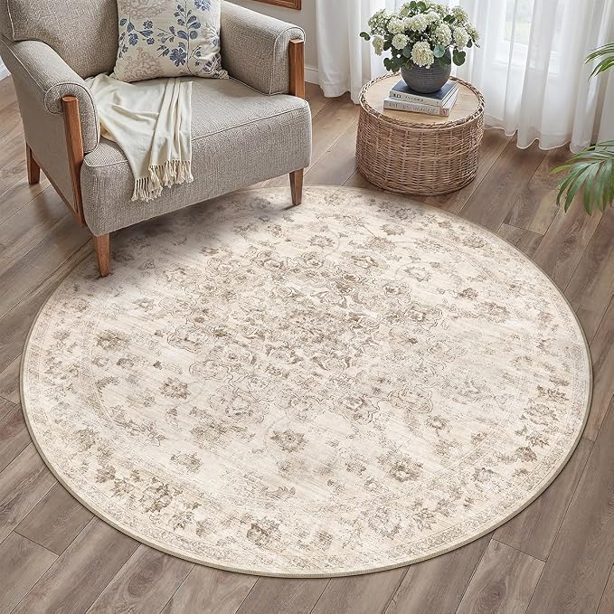 4x4 Washable Neutral Round Rug Beige Vintage Entryway Kitchen Cirlce Rug - Image 2