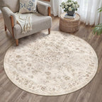 4x4 Washable Neutral Round Rug Beige Vintage Entryway Kitchen Cirlce Rug - Image 2