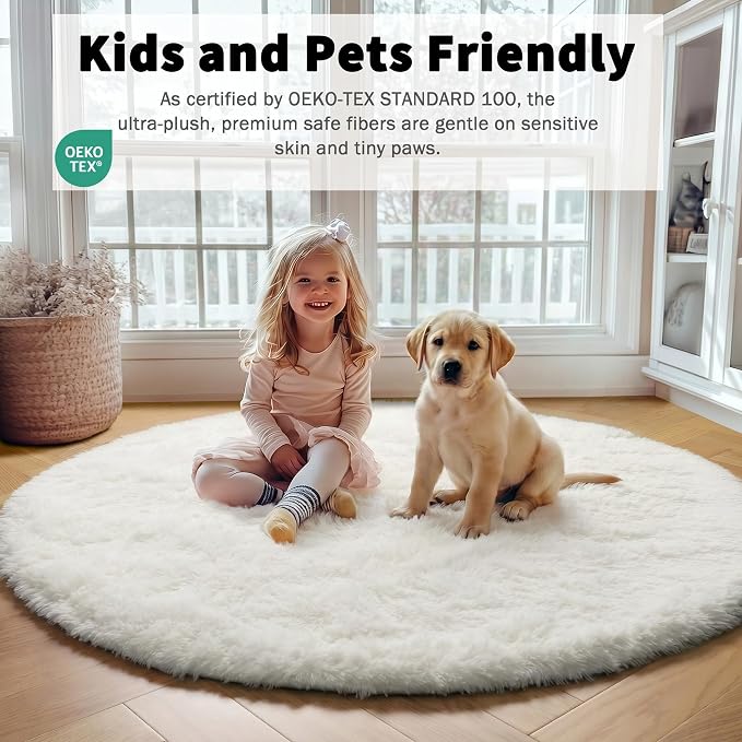 ONASAR Cream White Round Area Rug 4ft, Fluffy Ultra Soft Bedroom Circle Rugs - Image 3