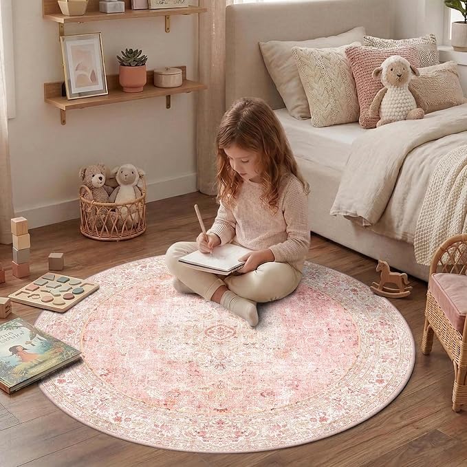 Latte&Fog Vintage 4ft Pink Round Area Rug, Floral Cute Low Pile Non Slip Indoor - Image 4