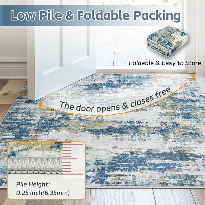 Area Rug 10x14 Living Room Rug Washable: No-Slip Abstract Soft Thin Large Blue - Image 7