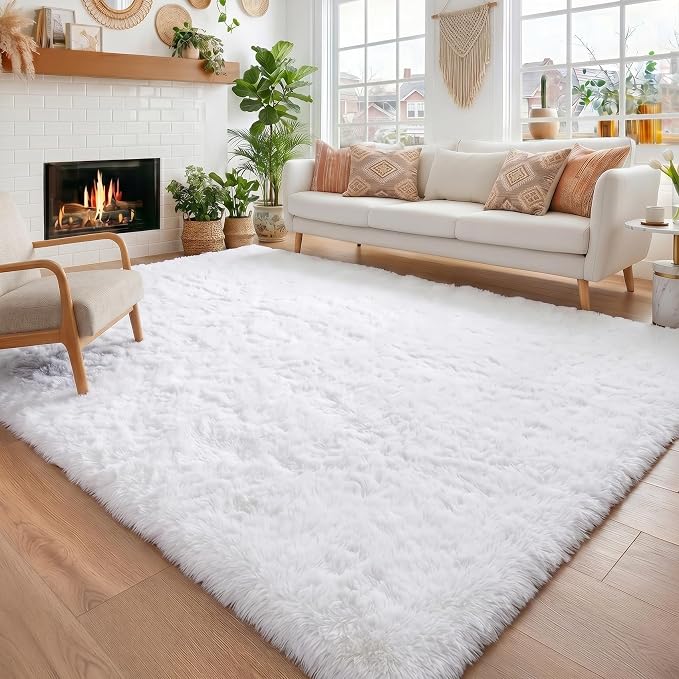 Amdrebio White Area Rugs for Bedroom, Shag Fluffy Rug for Living Room, Modern by Amdrebio