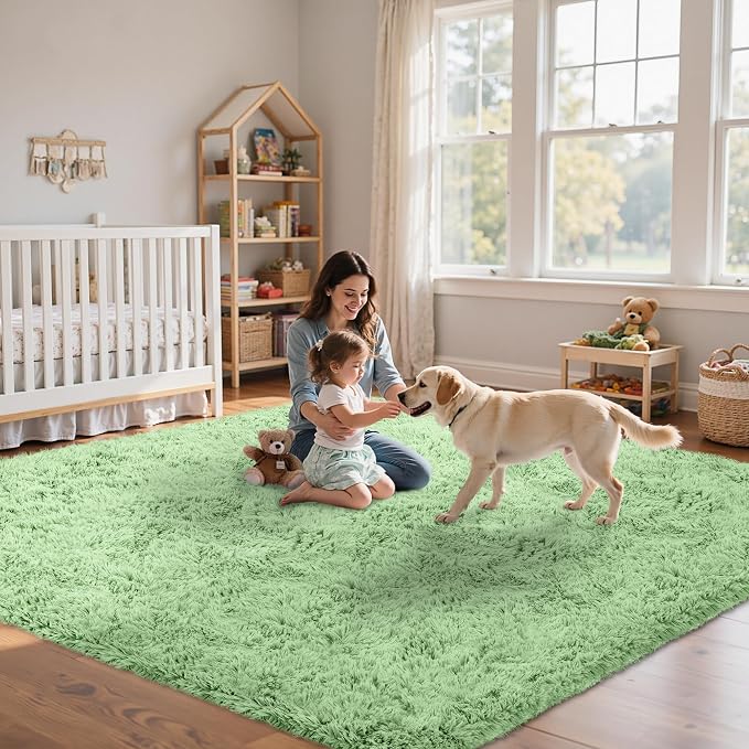8x10 Area Rug for Living Room:Ultra Soft Fluffy Shag Light Green Rugs, Large - Image 7