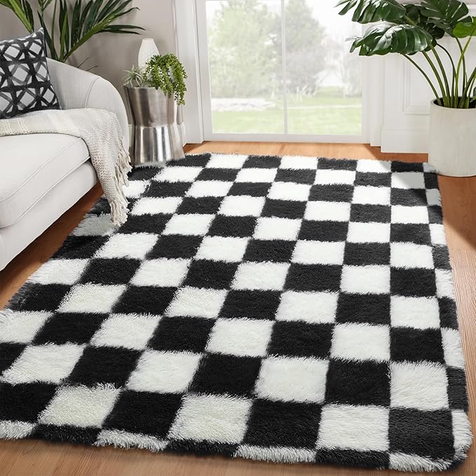 KICMOR Area Rugs for Bedroom Living Room, 4x6 Black and White Fluffy Soft by KICMOR