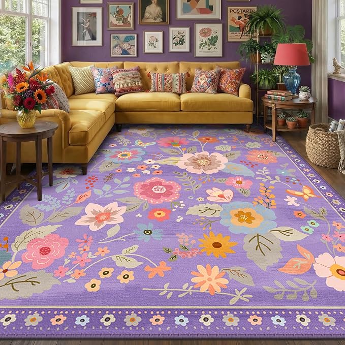 RELEANY Floral 8x10 Area Rugs Washable Print Boho Cute Carpet Non Slip Flower by RELEANY