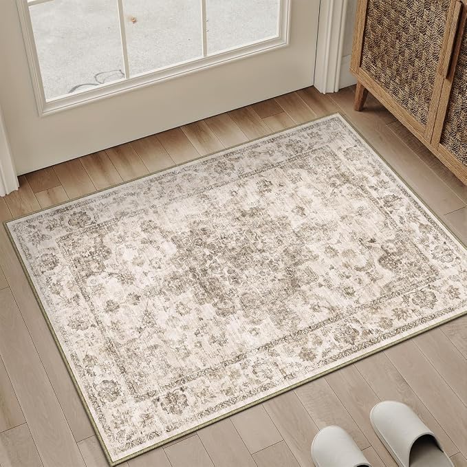 2x3 Washable Neutral Area Rug Brown Vintage Entryway Kitchen Carpet Non-Slip - Image 2