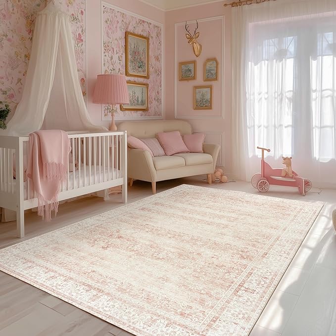 Pink Nursery Rug for Baby Girl 5 x 7 Neutral Blush Pink Boho Cute Floral - Image 2