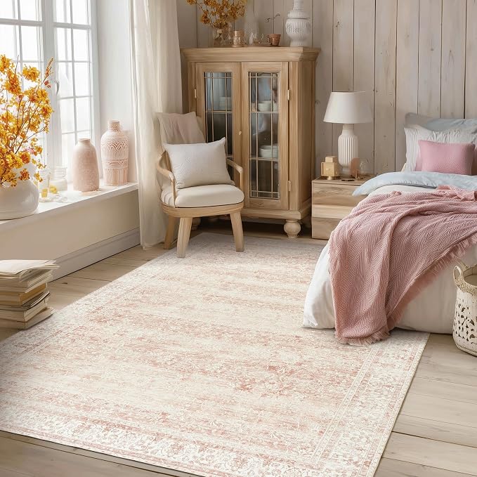 Pink Nursery Rug for Baby Girl 5 x 7 Neutral Blush Pink Boho Cute Floral - Image 9
