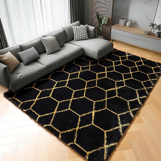 ONASAR 5x8 Rugs for Living Room Bedroom, Fluffy Black and Gold Area Rug by ONASAR