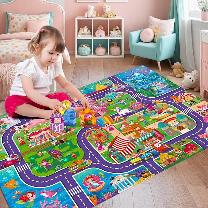 Oriate Kids Dream Mat Girls Toy Car Playmat, Princess Castle Girl Pink Kids - Image 2