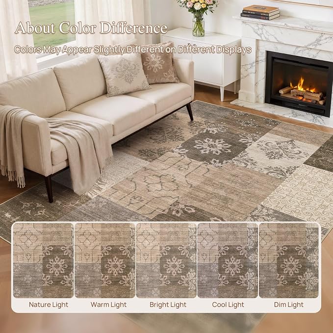 UERMEI 9x12 Area Rug for Living Room, Washable Brown Modern Geometric Patchwork - Image 8