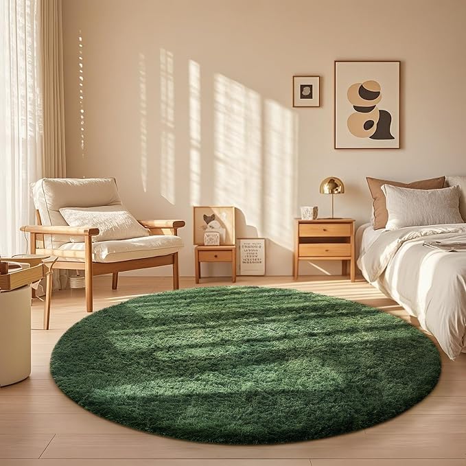 Ophanie Round Rug 5Ft Grey Green Circle Area Rug, Fluffy Fuzzy Bedroom Carpet by Ophanie