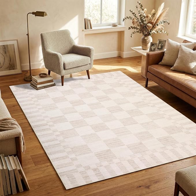 GarveeHome Beige Checkered Rug, Washable 3x5 Rug Non Slip - Image 3