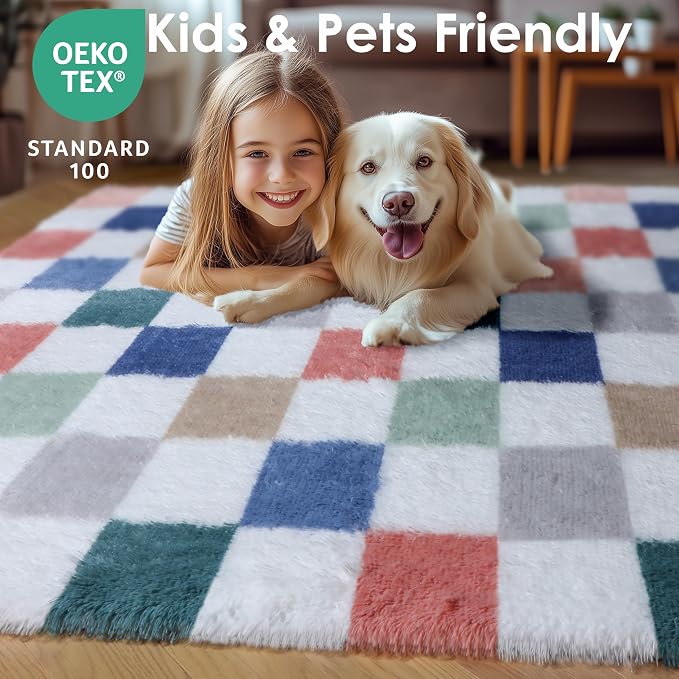 KICMOR 8x10 Area Rugs for Living Room, Large Fluffy Soft Colorful Checkered - Image 8