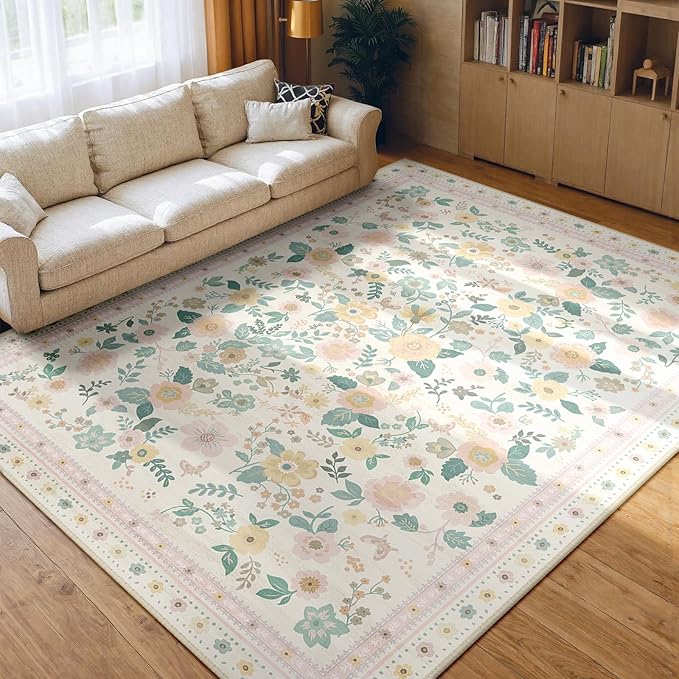 8x10 Area Rugs, Washable Floral Rug, Low Pile Non-Slip Carpet, Flower Rug by meejou