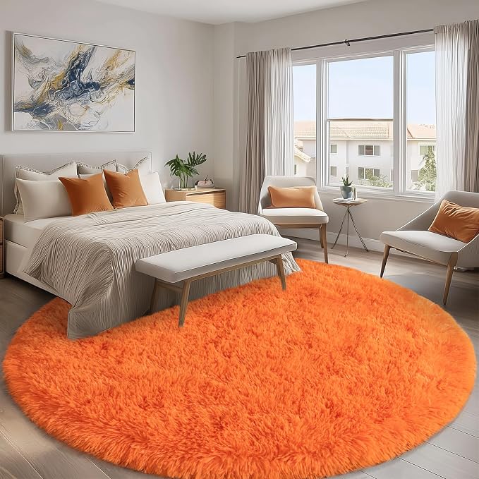 Round Orange Rug for Bedroom, 7 ft Circle Area Rugs for Living Room, Soft Large - Image 2