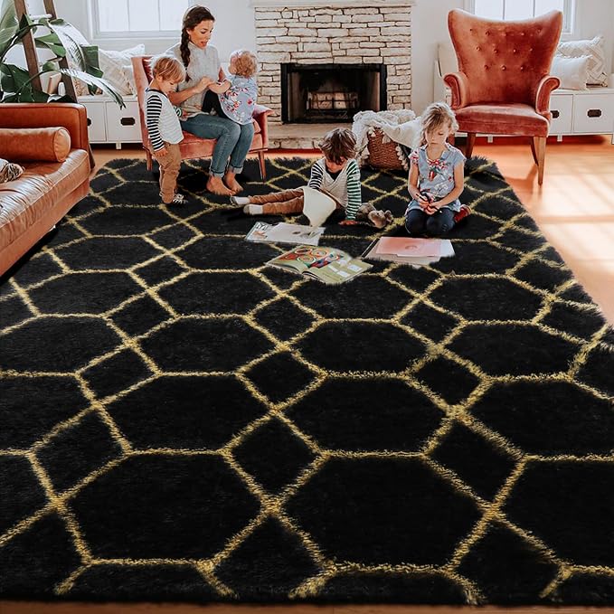 ONASAR 5x8 Rugs for Living Room Bedroom, Fluffy Black and Gold Area Rug - Image 7