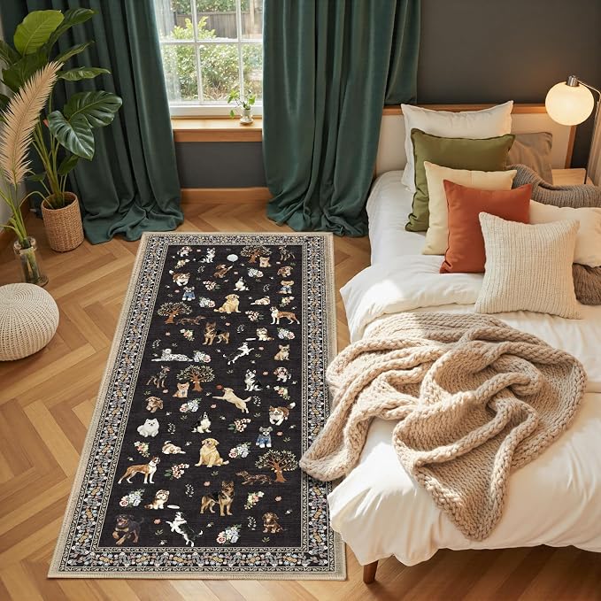 Black Floral Dog Rug Runner, 2x4 Washable Kitchen Mat Ultra-Thin Soft, Non-Slip - Image 4