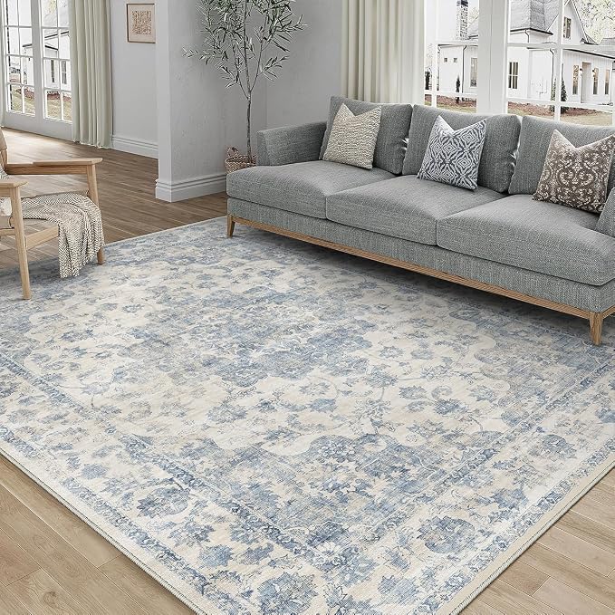 4x6 Washable Neutral Area Rug Blue Vintage Entryway Office Carpet Non-Slip Soft by WondRg