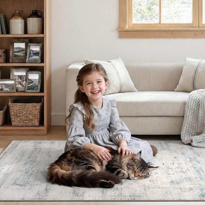 DCX 8x10 Haze Blue Rug, Machine Washable Stain Resistant Distressed Vintage Rug - Image 3