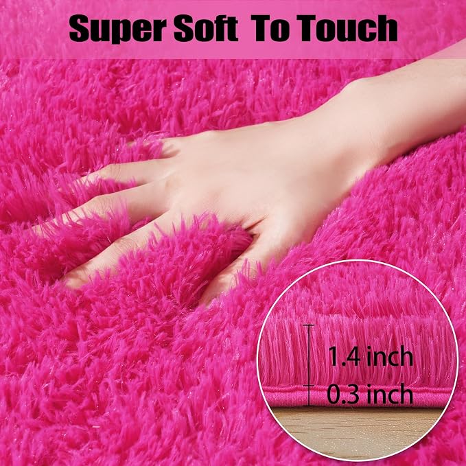 qulint Hot Pink Rugs for Bedroom Girls, 3x5 Area Rug Fluffy Shaggy Kids Rug - Image 2
