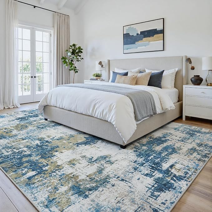 Area Rug 5x7 Living Room Rug Washable: No-Slip Abstract Soft Thin Large Blue - Image 5