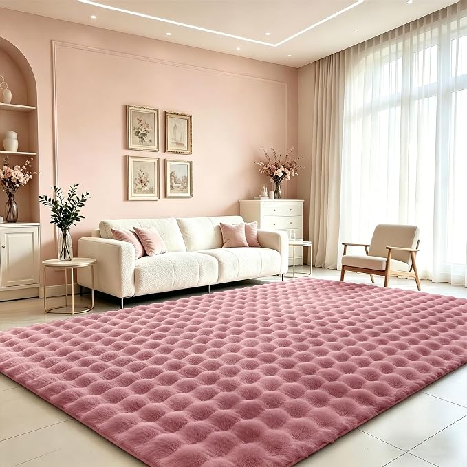 Dusty Rose Rabbit Plush Rug 6'x9', Fluffy Faux Fur Shaggy Area Rug by CHOVY
