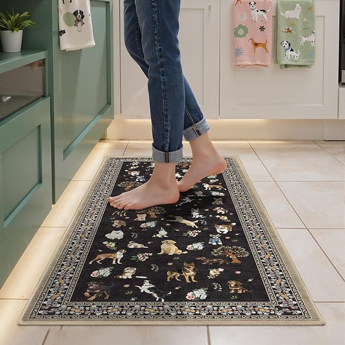 Black Floral Dog Rug Runner, 2x4 Washable Kitchen Mat Ultra-Thin Soft, Non-Slip by WelcometoBabovid