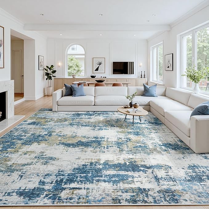Area Rug 10x14 Living Room Rug Washable: No-Slip Abstract Soft Thin Large Blue by Oriannal