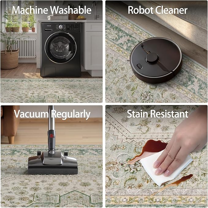 DCX Green 5x7 Area Rug, Machine Washable Non Slip Stain Resistant Vintage Rug - Image 6