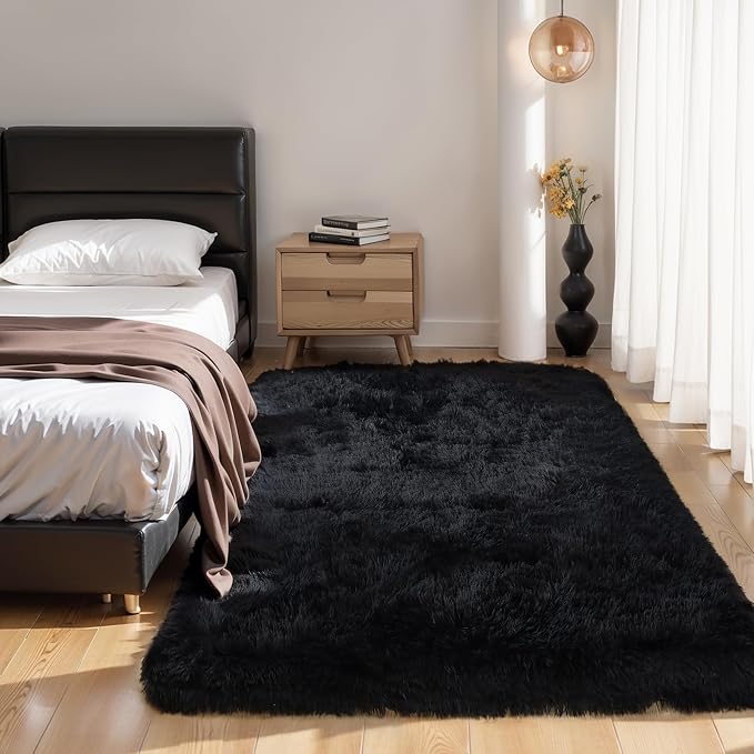 KCHOWUA Black Fluffy Rug 4x6 by KICHOWUA