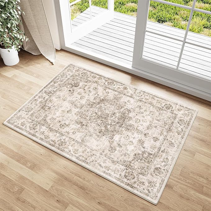 2x3 Washable Neutral Area Rug Brown Vintage Entryway Kitchen Carpet Non-Slip by WondRg