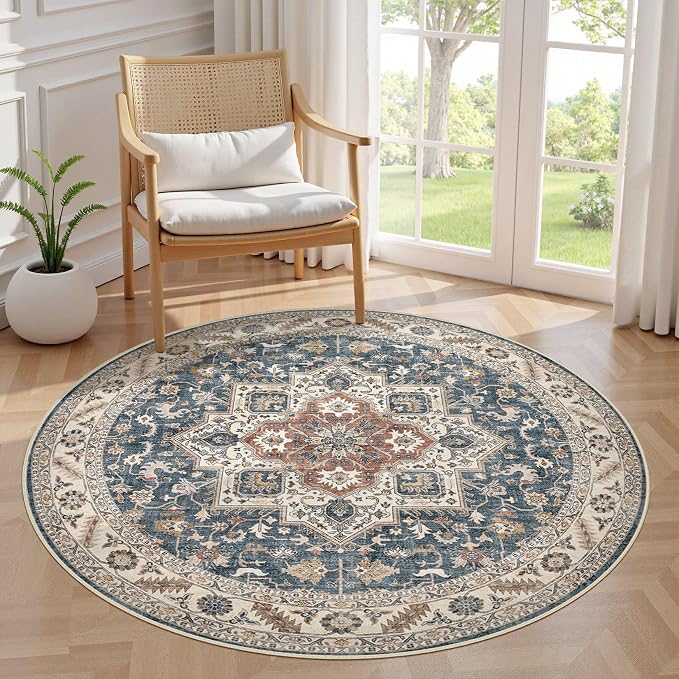 5ft Round Vintage Living Room Area Rug by COTILED